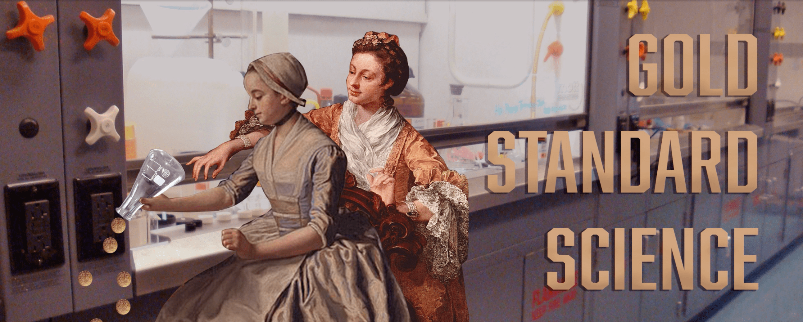 This collage depicts two women cut from baroque-style paintings conducting science experiments in a lab with modern equipment.